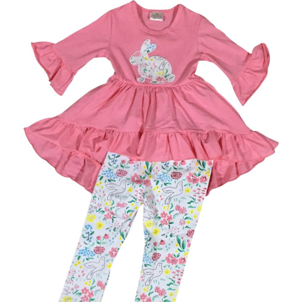 Little Girl Kids Long Sleeves Rabbit Floral Hi Lo Dress Top Pants Legging set